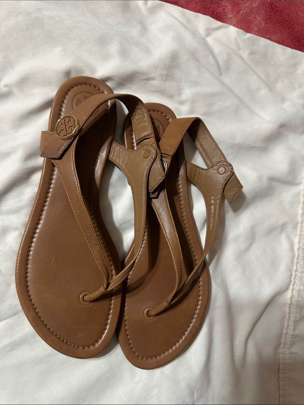 Tory Burch Tan Leather T-Strap Sandals with Logo Medallion